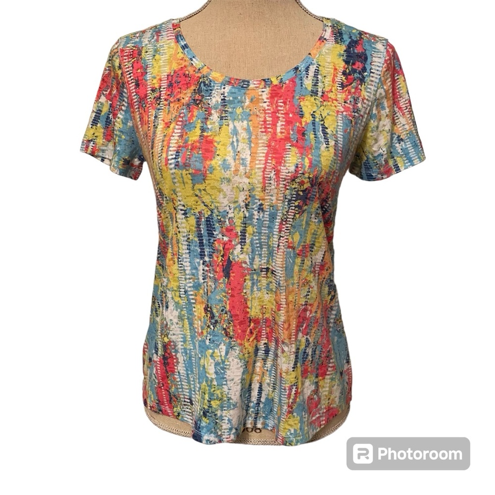 REEL LEGENDS TOP TEE SHORT SLEEVE BLUE PINK WHITE MULTI ABSTRACT SIZE PS PETITE